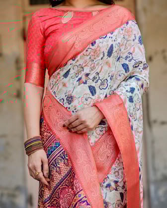 Ivory Tussar Silk Saree with Coral Zari Border and Intricate Floral Motifs-Regular