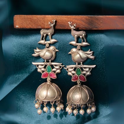 Silva Sutra Deer & Bird Stonework Jhumka