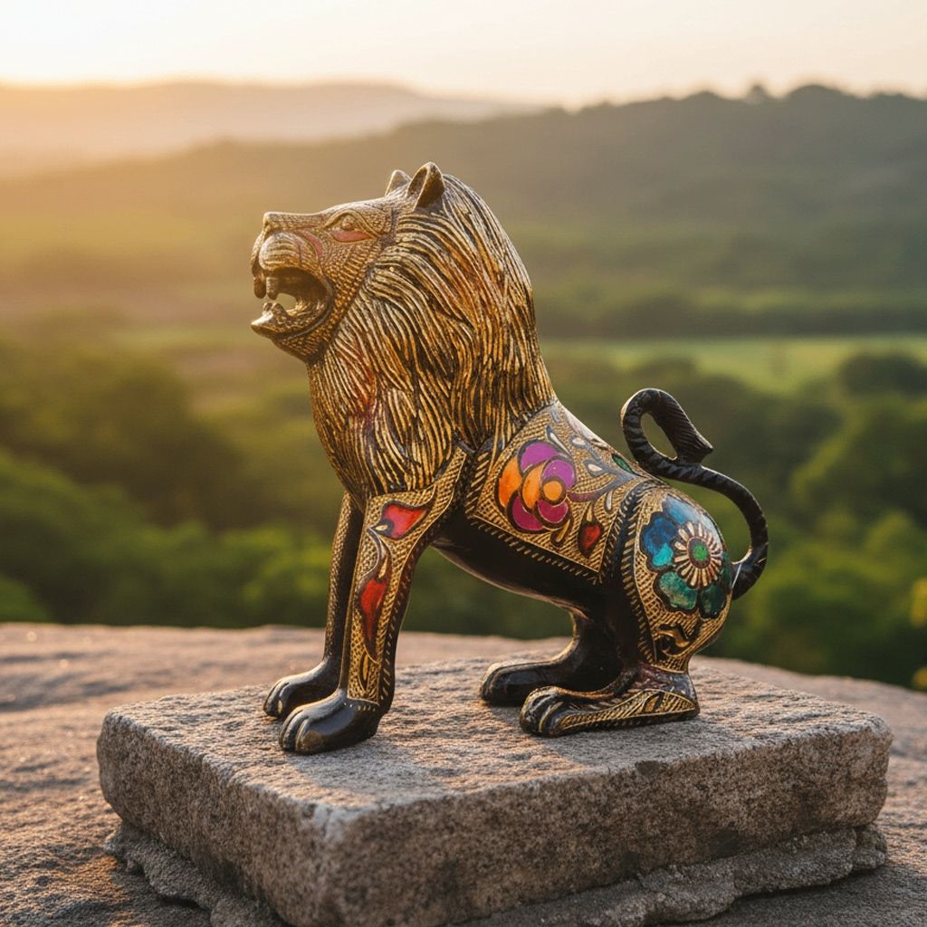 Brass Lion Black Meena Decorative Showpiece Statue for Home & Office Decor, Height : 8 Inch (ANMAS154)