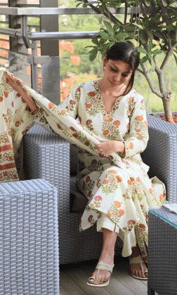 Cotton Sanganeri Pale Lemon Suit Set with Cotton Printed Dupatta-XXS