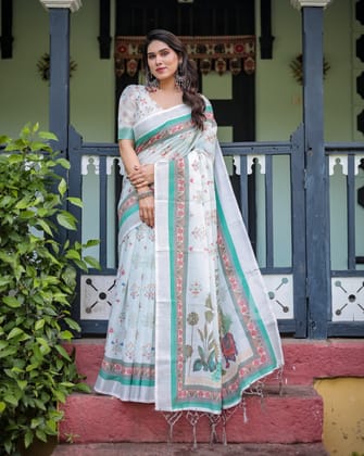 Ivory Pure Cotton Linen Saree with Elephant Motif and Floral Pattern, Green and Pink Borders, and Tassels on Edges.-Regular
