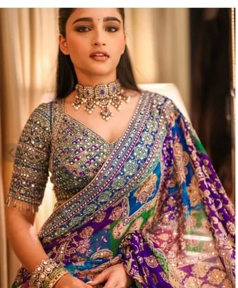 Premium Chinon Silk With Beautiful Print And With Beautiful Real Mirror Work All Over