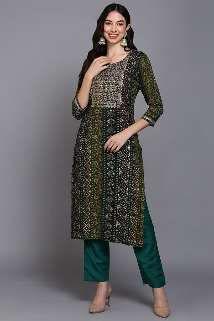 Viscose Rayon Green Bandhani Printed Straight Kurta VCK9274 - Kurtas & Kurta Sets | Buy online on ZillyBuy