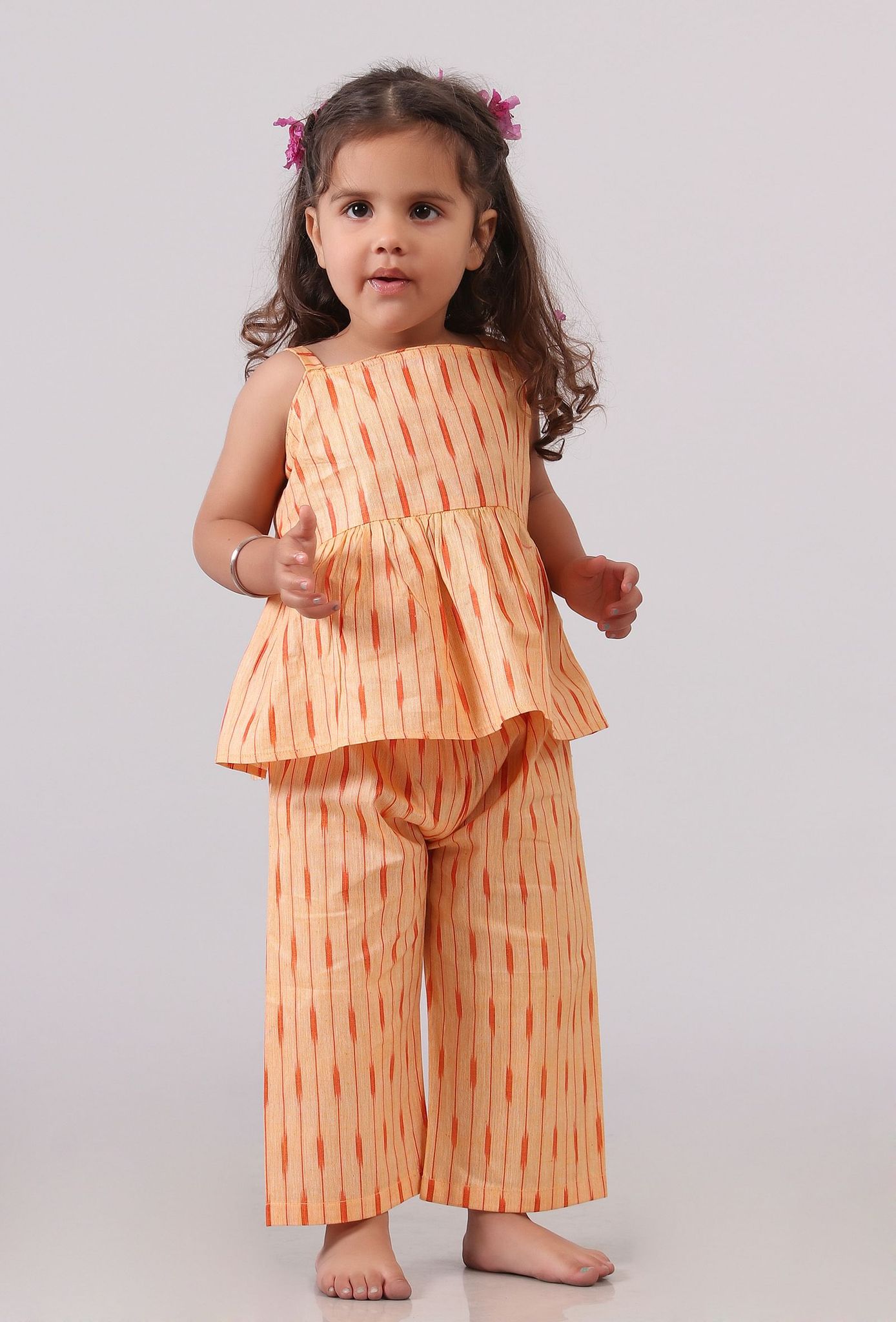 Set of 2: Orange Ikat Flared Top with Straight Pants-1-2Y