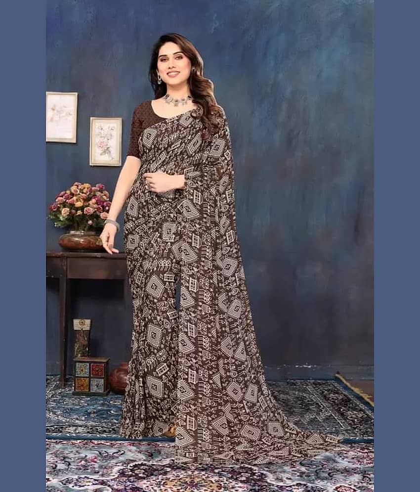 Samai Georgette Printed Regular Saree With Unstitched Blouse Piece ( Brown )
