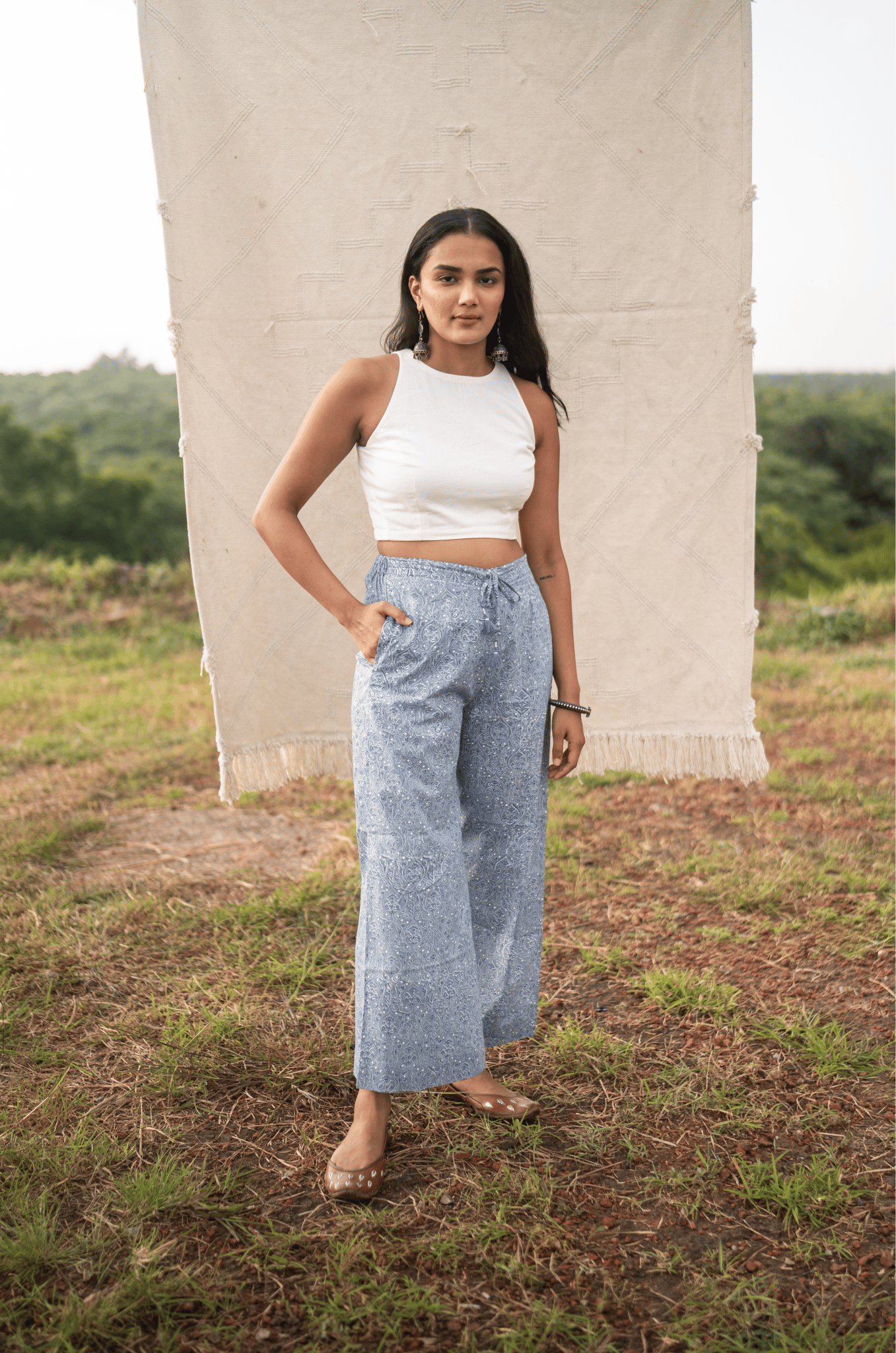 Hand Block Printed Wide Leg Pants - Endless Sky-XS