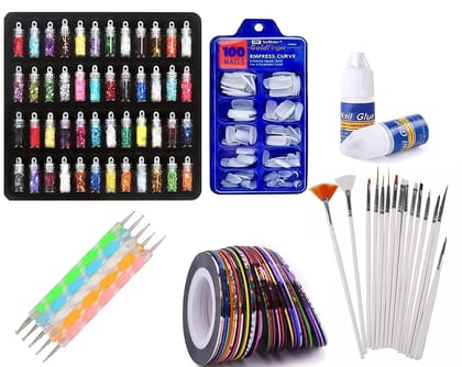 URBANMAC Nail Art Kit - 48 Pcs Glass Bottles Glitter Stones, 100 Nails,10 Nail Tapes, 15 Nail Art brush, 5 Nail Dotting Pen with 2 Glue (Nail Art Kit) URBANMAC Nail Art Kit - 48 Pcs Glass Bottles Glitter Stones, 100 Nails,10 Nail Tapes, 15 Nail Art brush