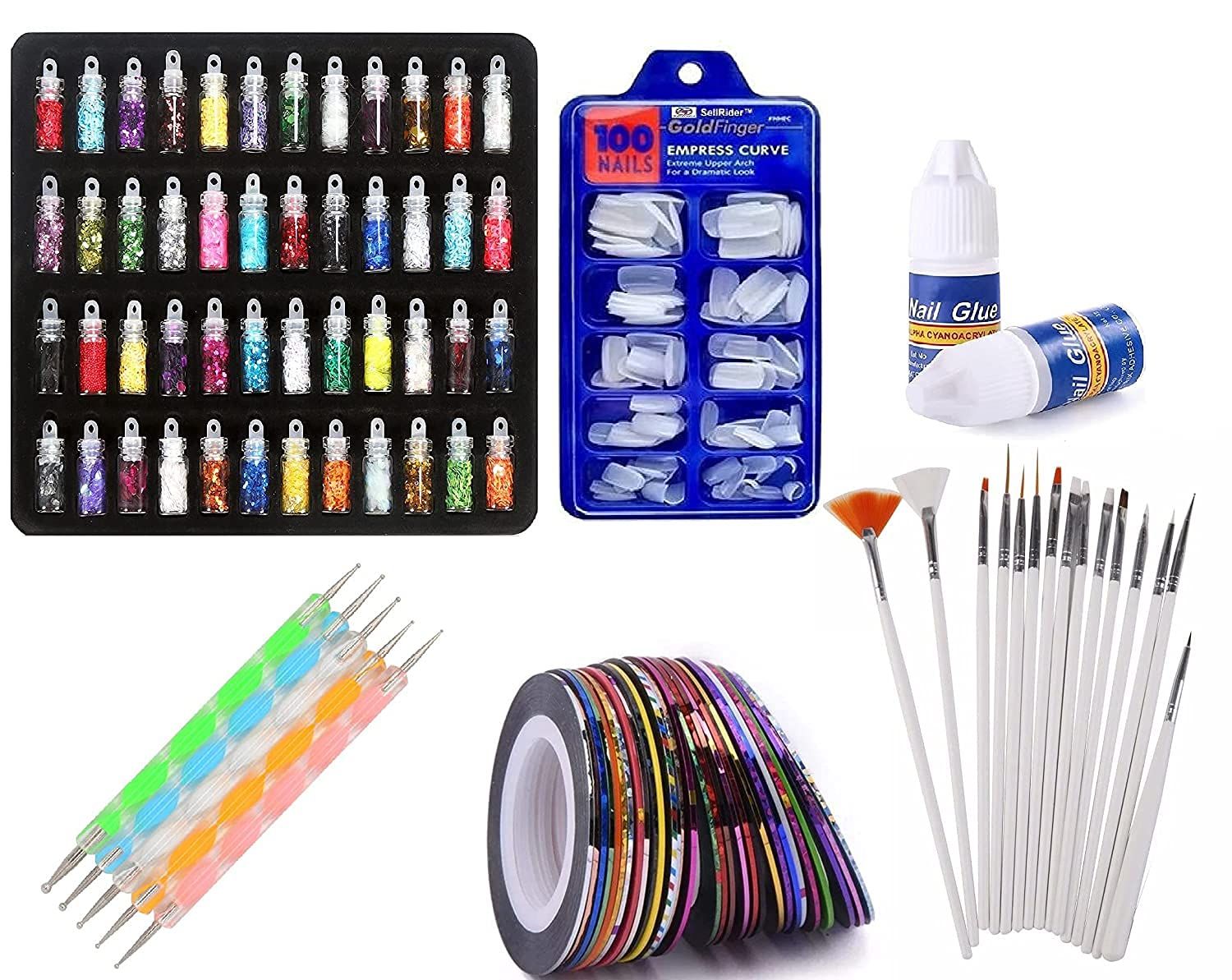 URBANMAC Nail Art Kit - 48 Pcs Glass Bottles Glitter Stones, 100 Nails,10 Nail Tapes, 15 Nail Art brush, 5 Nail Dotting Pen with 2 Glue (Nail Art Kit) URBANMAC Nail Art Kit - 48 Pcs Glass Bottles Glitter Stones, 100 Nails,10 Nail Tapes, 15 Nail Art brush