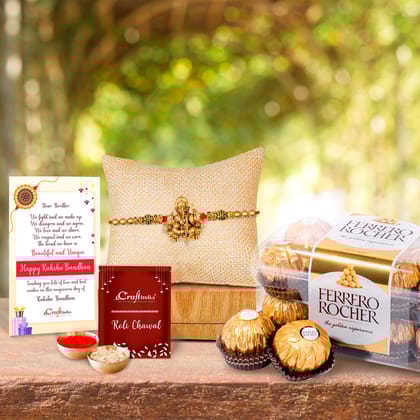 Designer Ganesha Rakhi with Ferrero Rocher (16 pcs) and Roli Chawal Pack, Best Wishes Greeting Card