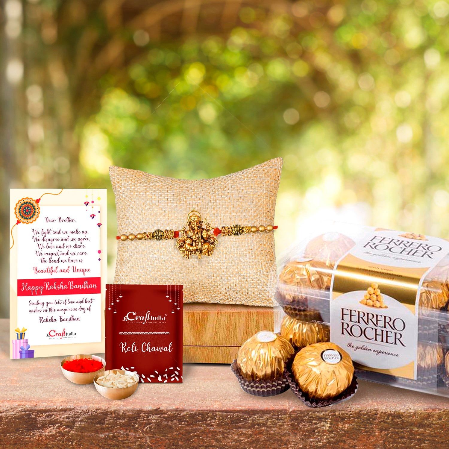 Designer Ganesha Rakhi with Ferrero Rocher (16 pcs) and Roli Chawal Pack, Best Wishes Greeting Card