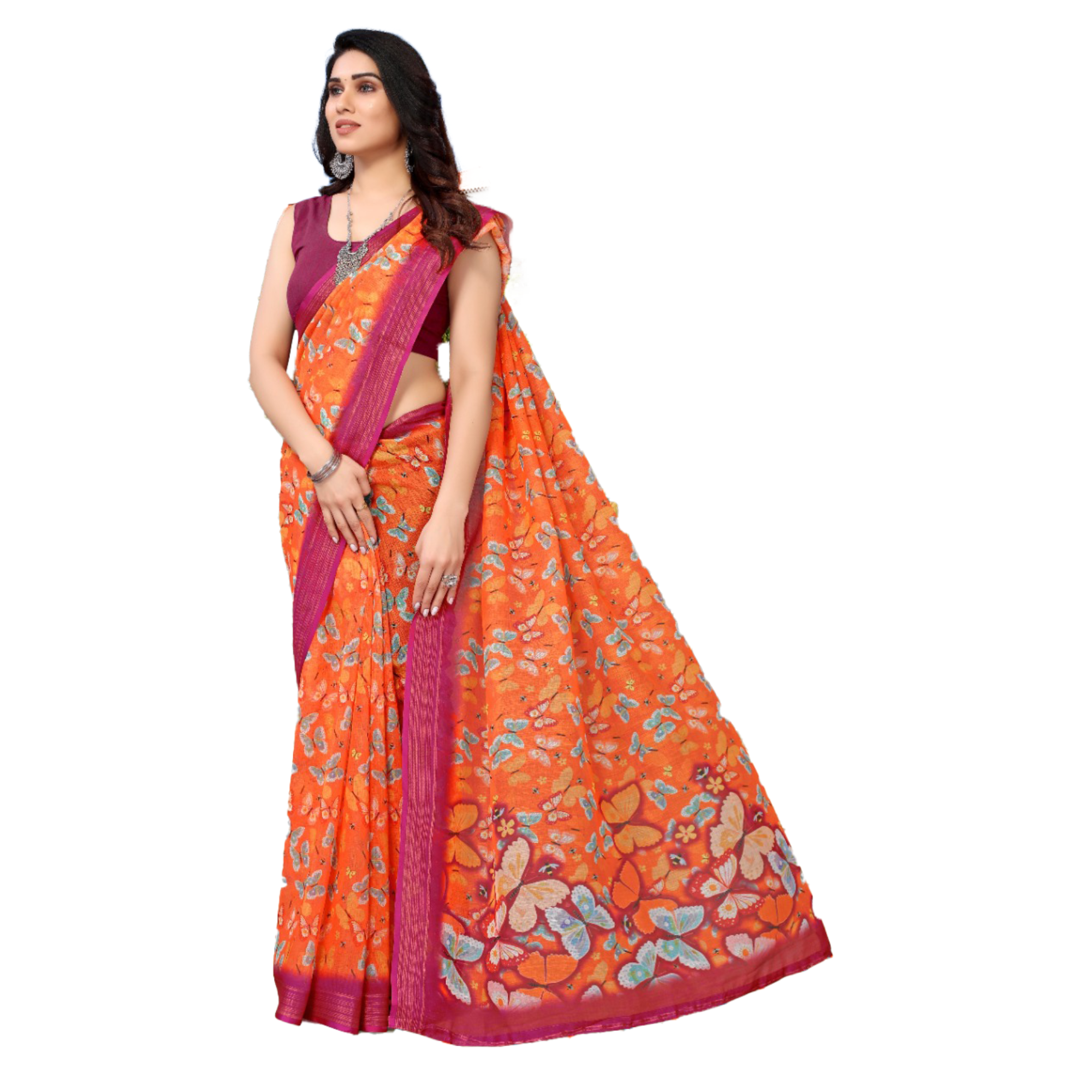 TheHangr Women's Orange Saree With Multicolor Butterfly Print With Pink Border And Running Pallu TheHangr Women's Orange Saree With Multicolor Butterfly Print With Pink Border And Running Pallu
