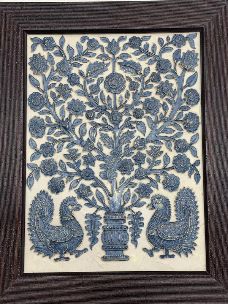 Stone Dust painting, Framed Tree of Life Wall Art with Peacocks, Blue, Decorative Relief Panel, Traditional Indian Design Size(30 * 36cm)