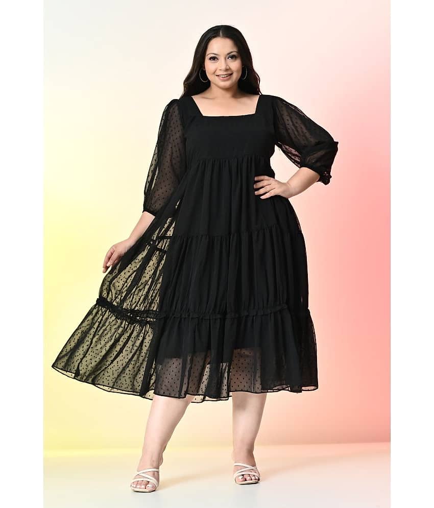 PrettyPlus by Desinoor.com Women Georgette Self Design Fit & Flare Dress ( Black )