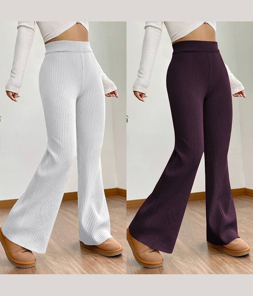 Qyaas Women Knitted Wide Leg Trousers ( White,Wine )
