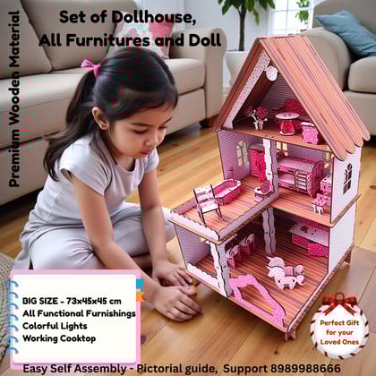 Wooden Dollhouse for Kids | Pretend Play Doll House with Furniture | Educational Role Play Toy for Creativity, Imagination & Social Skills