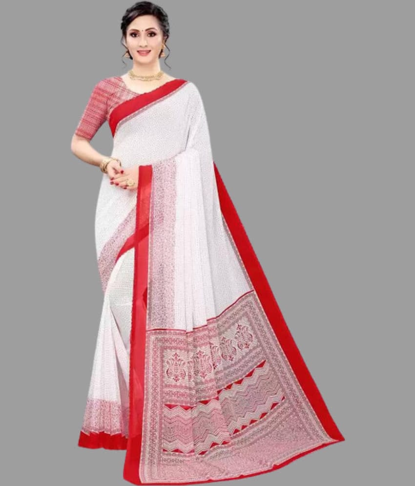 Sitnjali Lifestyle Georgette Printed Saree With Unstitched Blouse Piece ( Red )