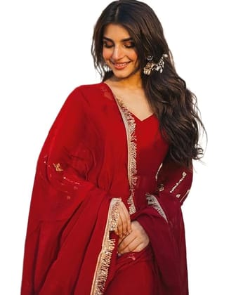 Womens Premium Red Georgette Embroidered Suit Set | Heavy Mirror Work Sleeves & Gotta Patti Dupatta