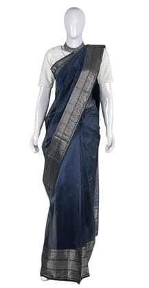 Mangalgiri Navy Blue Silk Cotton Saree Antique Zari Checks