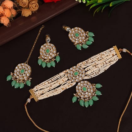 Pink & Parrot Green Color Long Kundan Necklace Set-Necklace Length: 54.00 CM x Width: 3.50 CM / Pink, Green / Alloy With Good Quality Gold Plated