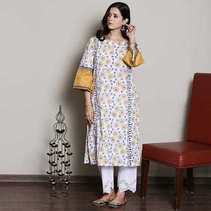 White printed kurta with embroidery-XS