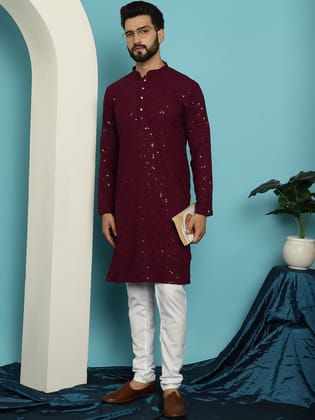 Men's Sequence Purple Cotton Kurta and White Pyjama-36