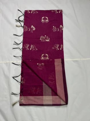 Saura Art Cotton Saree Peacock Teal Tribal Figures