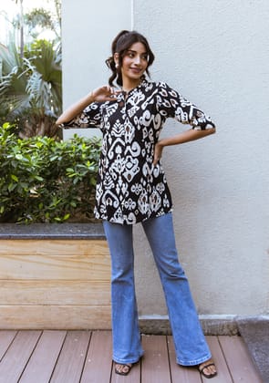 Black Ikkat Print Top-S