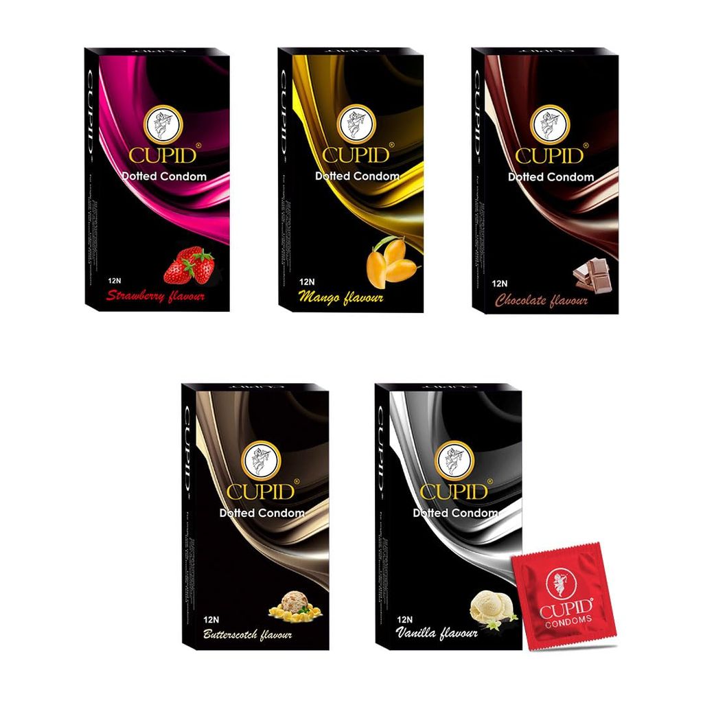 Cupid Dotted & Flavoured Condoms (Mango, Strawberry, Chocolate, Butterscotch & Vanilla Flavour) Pack of 5 | Lubricated & Multitextured Condoms | For Her Enhanced Pleasure | Pack of 5, 12 Pcs Each