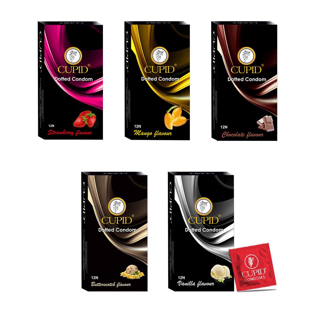 Cupid Dotted & Flavoured Condoms (Mango, Strawberry, Chocolate, Butterscotch & Vanilla Flavour) Pack of 5 | Lubricated & Multitextured Condoms | For Her Enhanced Pleasure | Pack of 5, 12 Pcs Each