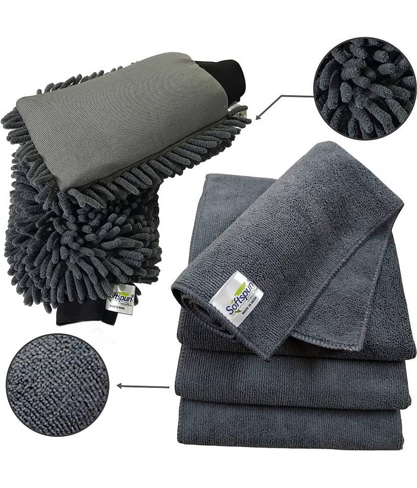 SOFTSPUN Microfiber Chenille & Single-Side Gloves 1700 GSM  with Towel 340 GSM, 6 Piece Combo Grey, Multi-Purpose Super Absorbent and Perfect Wash Clean with Lint-Scratch Free Car, Dusting!