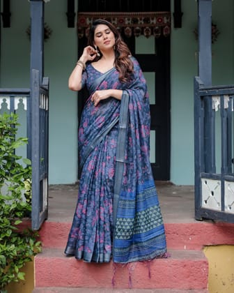 Navy Blue Pure Cotton Linen Saree with Floral Print, Blouse, and Tassel Detailing-Regular