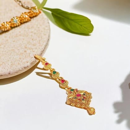 Red Green Stone Gold Plated Maangtikka