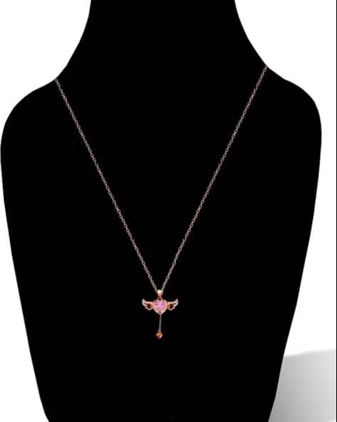 Breepree Angel Wing Heart Pendant Necklace for Women and Girls | Elegant Rose Gold Chain with Pink Crystal Stone