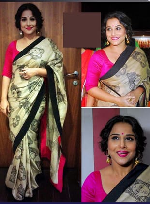 Cream color Kalamkari Party wear Linen Digital Printed Sari 1278