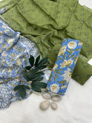 Pure Cotton Unstitched Suit With Chiffon Dupatta-As shown in picture / 2.5 mtr each / Pure cotton with chiffon dupatta