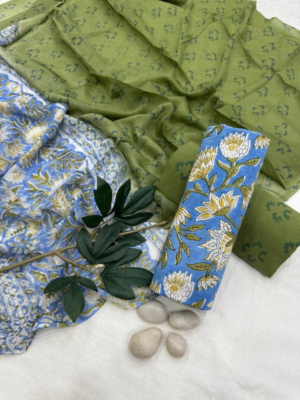 Pure Cotton Unstitched Suit With Chiffon Dupatta-As shown in picture / 2.5 mtr each / Pure cotton with chiffon dupatta