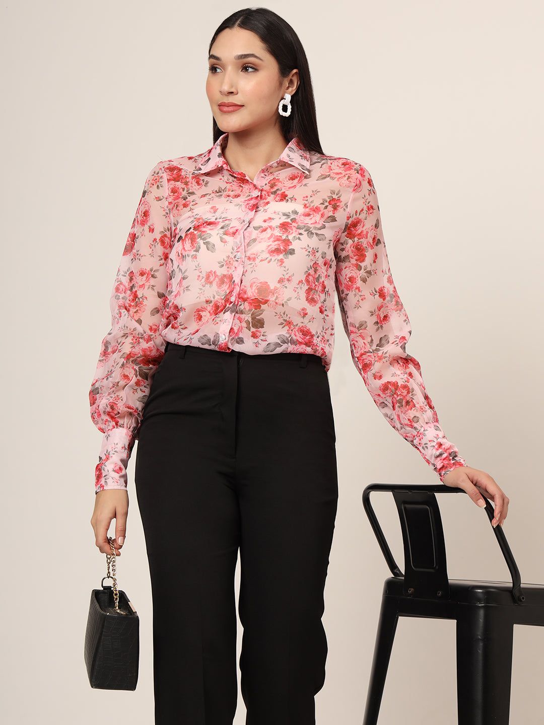 Women'S Premium Organza Pink And Green Long Length Curved Hem Digital Print Shirt-L