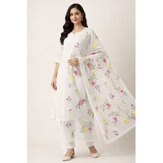 Cotton Brush Print Dupatta with 4-Side Lace Border | Soft Cotton Designer Dupatta for Women | Casual & Ethnic Wear