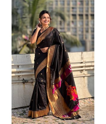 Semore Art Silk Embellished Paithani Sarees With Unstitched Blouse Piece ( Black )