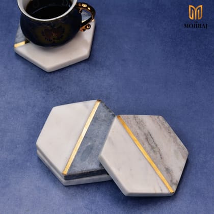 The Mohraj White and Grey Natural Hexagonal Marble Coasters Set of 4
