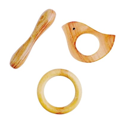Reva Natural Wooden Teething Toys for Babies | Ring, Bird & Dumbbell Teether Set | Baby Chewing Toys for Infants 312 Months | Gentle Gum Comfort