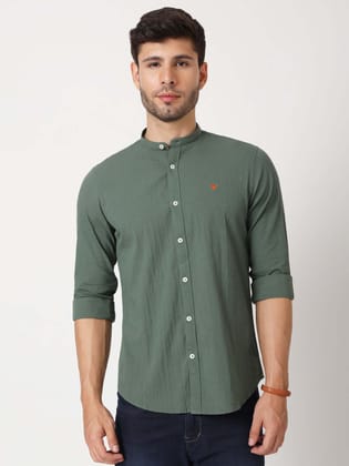 Amswan Premium Men'S Green Crinkle Cotton Shirt - Mandarin Collar, Long Sleeves-S-38