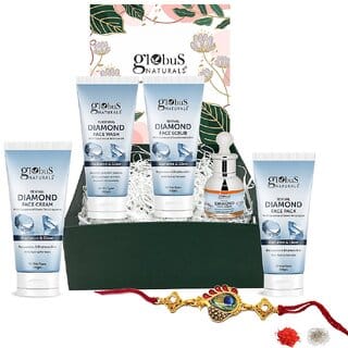 Globus Naturals Diamond Rakhi Gift Box For Brother Sister Set of 5, Face Wash, Face Cream, Face Scrub, Face Pack, Face Serum