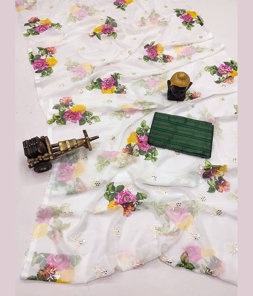 BAYUPRI Organza Embroidered Saree With Unstitched Blouse Piece ( White,Green )