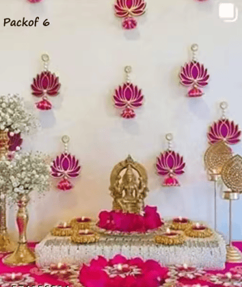 Handmade Engineered Wood Wall Decor Lotus with jhumki Style Hanging for Home Decor,Diwali Decor,Wedding & All Festival Decor (6 PCS -Pink/Raani). Export Quality Lotus. for Temple/Pooja Decor