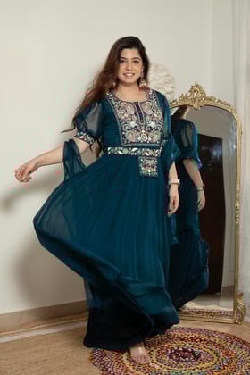 Areena Green Embroidered Maxi With Belt Bag-XL