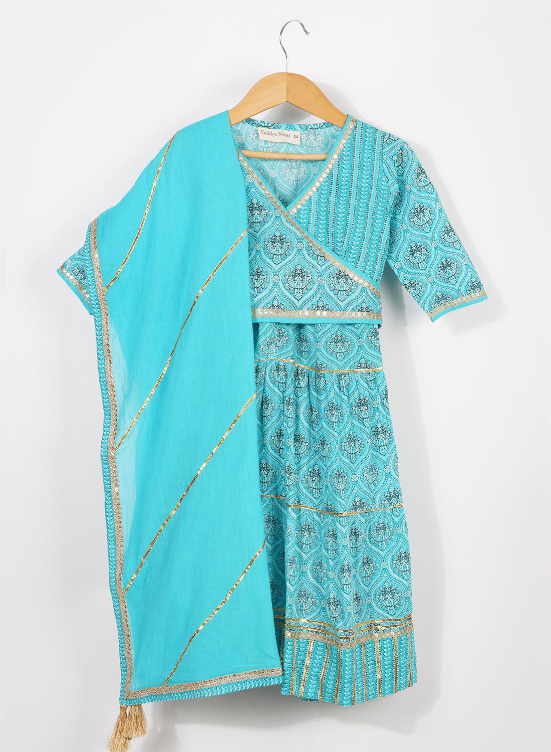 Kids Blue Handblock Lehenga Set-5-6 Y