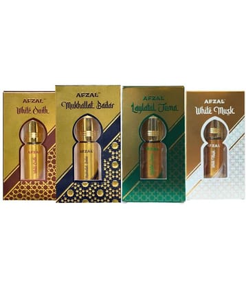 AFZAL SAFIRE WHITE OUDH, MUKHALLAT BADAR, LAYLATUL JUMA, WHITE MUSK ATTAR (COMBO PACK 6ML*4) ROLL-ON  PERFUME OIL FOR MEN AND WOMEN