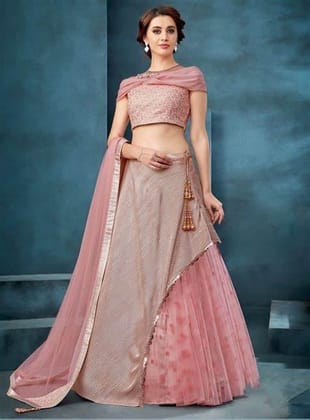 Women's Pink Embroidered Net Lehenga Choli with Dupatta