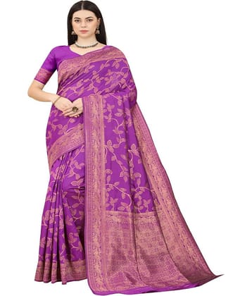 NENCY FASHION Banarasi Silk Embellished Saree With Unstitched Blouse Piece ( Purple )
